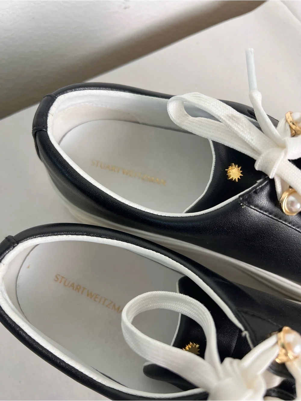 Stuart Weitzman Excelsa Black Embellished Lace Up Leather Sneakers Women's 8.5B